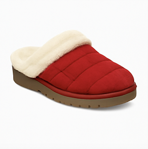 Red fuzzy slipper with sherpa